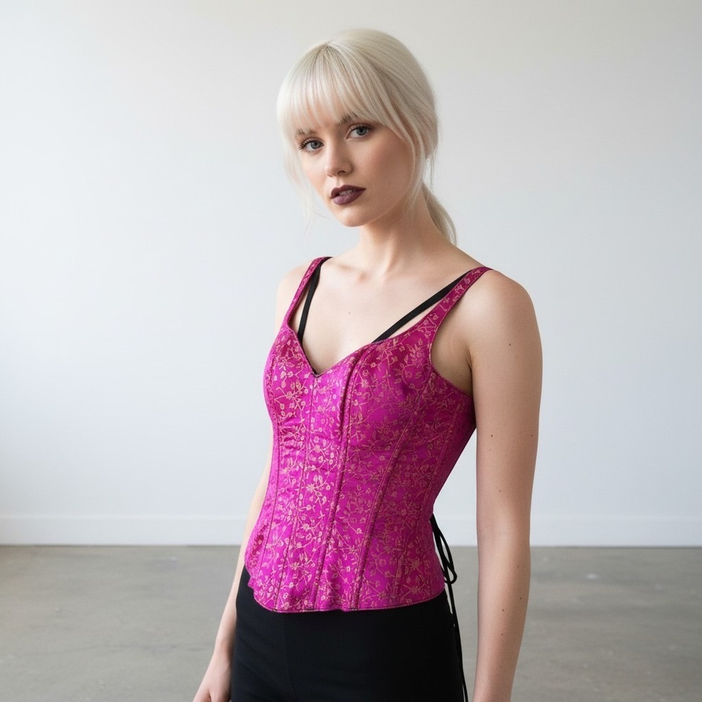 Vintage 2000s Pink Corset Top, Magenta Satin Brocade Floral Bustier, Boned XS/S